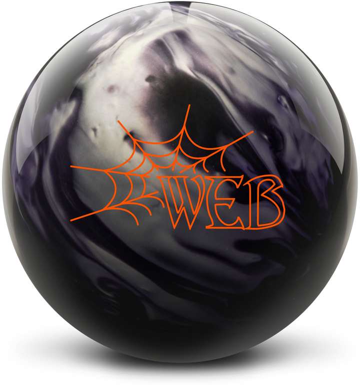 A black and silver colored bowling ball with the Web logo in orange centered prominently.