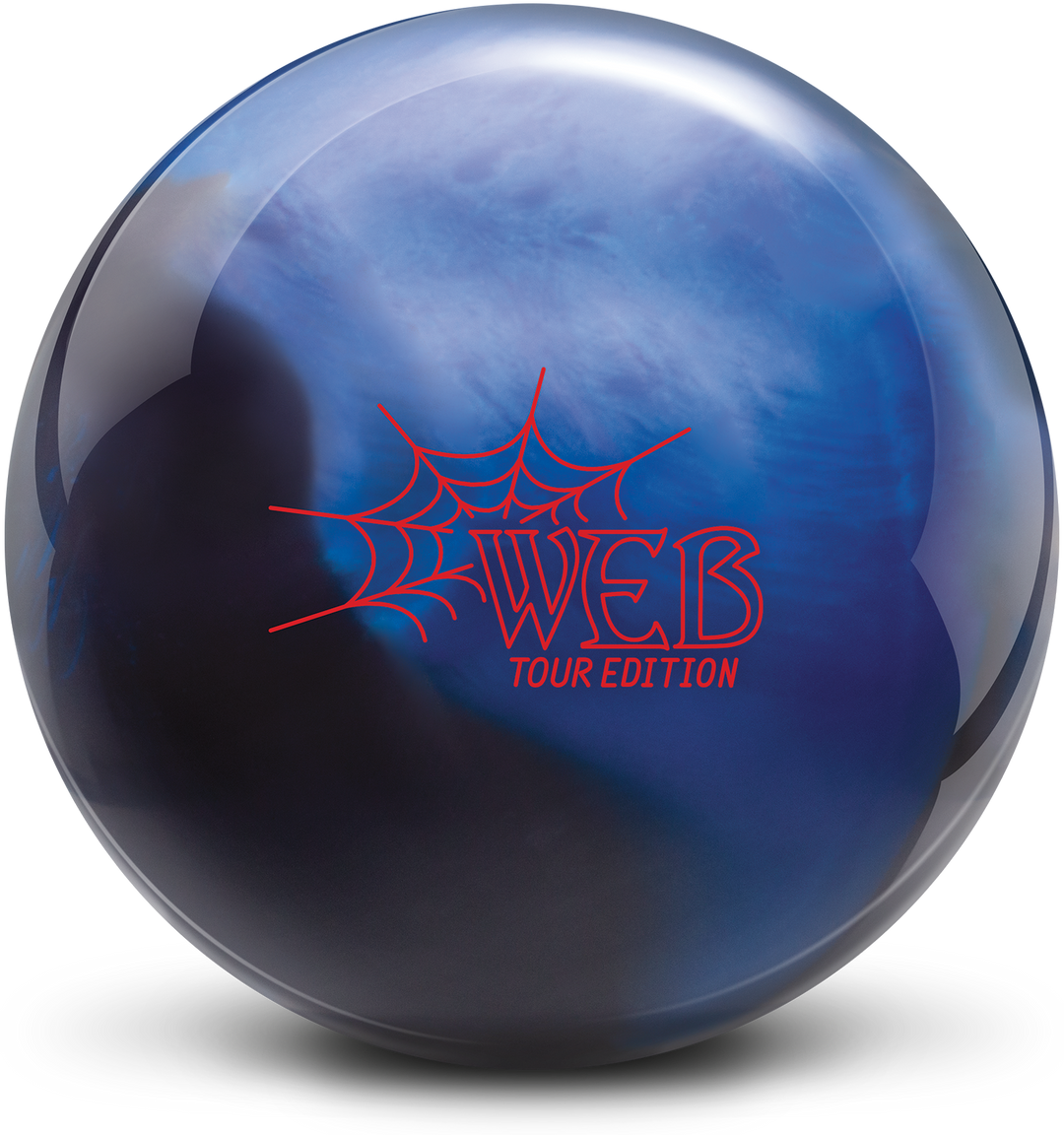 A black and blue pearl colored bowling ball with the Web Tour Edition logo in red centered prominently.
