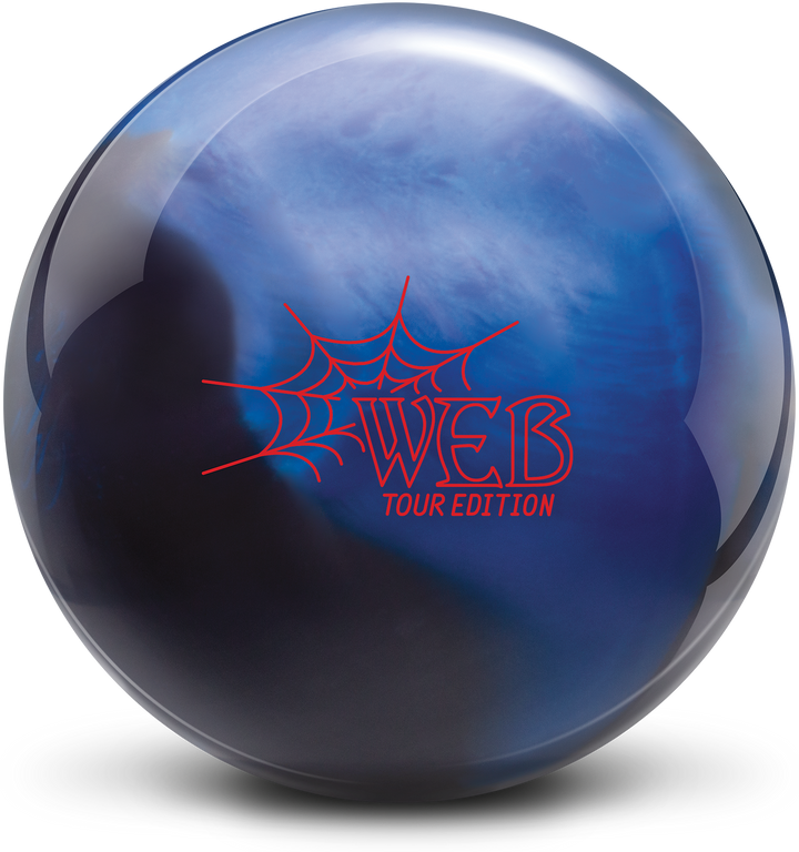 A black and blue pearl colored bowling ball with the Web Tour Edition logo in red centered prominently.