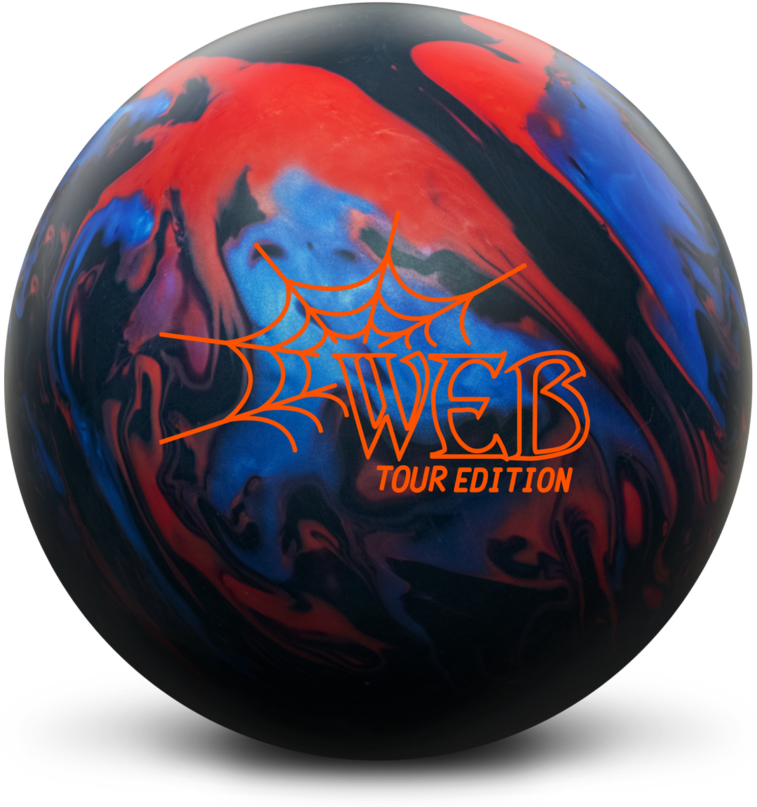 A red, black, and blue colored bowling ball with the Web Tour Edition logo in red centered prominent.,