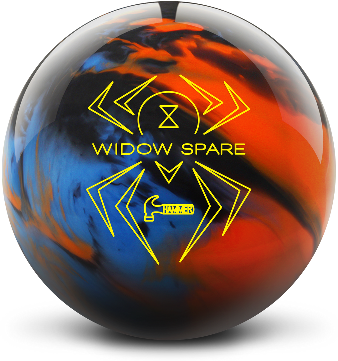 A blue, orange, smoke grey colored bowling ball with the Widow Spare logo in bright yellow centered prominently.