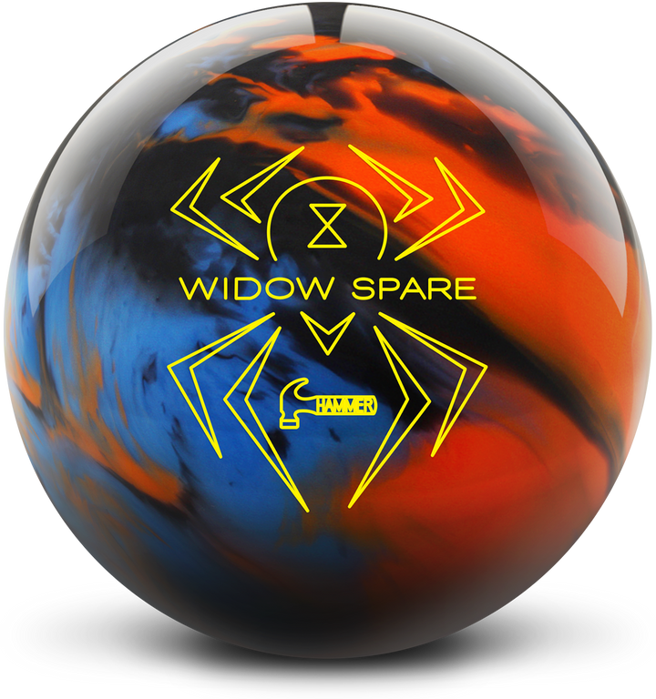 A blue, orange, smoke grey colored bowling ball with the Widow Spare logo in bright yellow centered prominently.