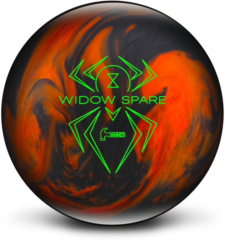An orange and black pearl bowling ball with the Widow Spare logo in neon green centered prominently.