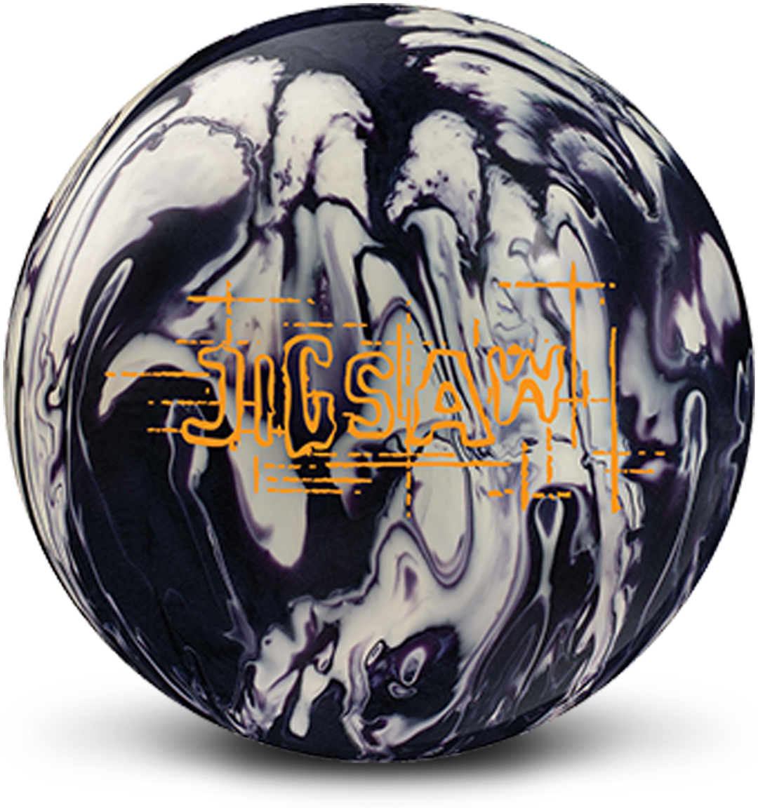 A white and black colored bowling ball with the Jigsaw logo in orange centered prominently.