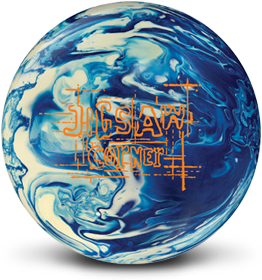 A blue and white colored bowling ball with the Jigsaw Corner logo in orange centered prominently.