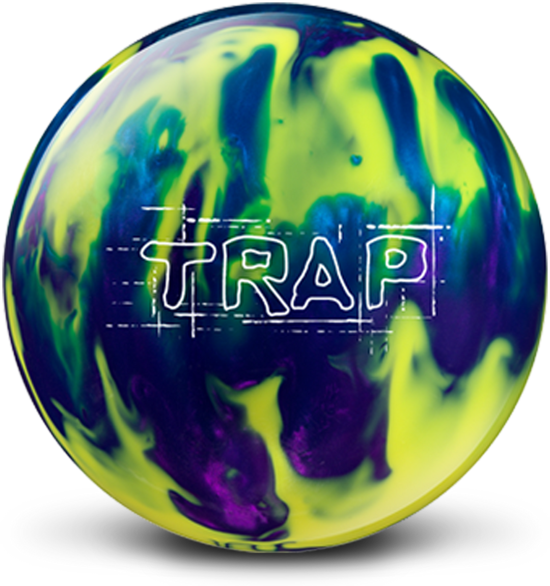 A blue, purple, and yellow colored bowling ball with the Trap logo in white centered prominently.