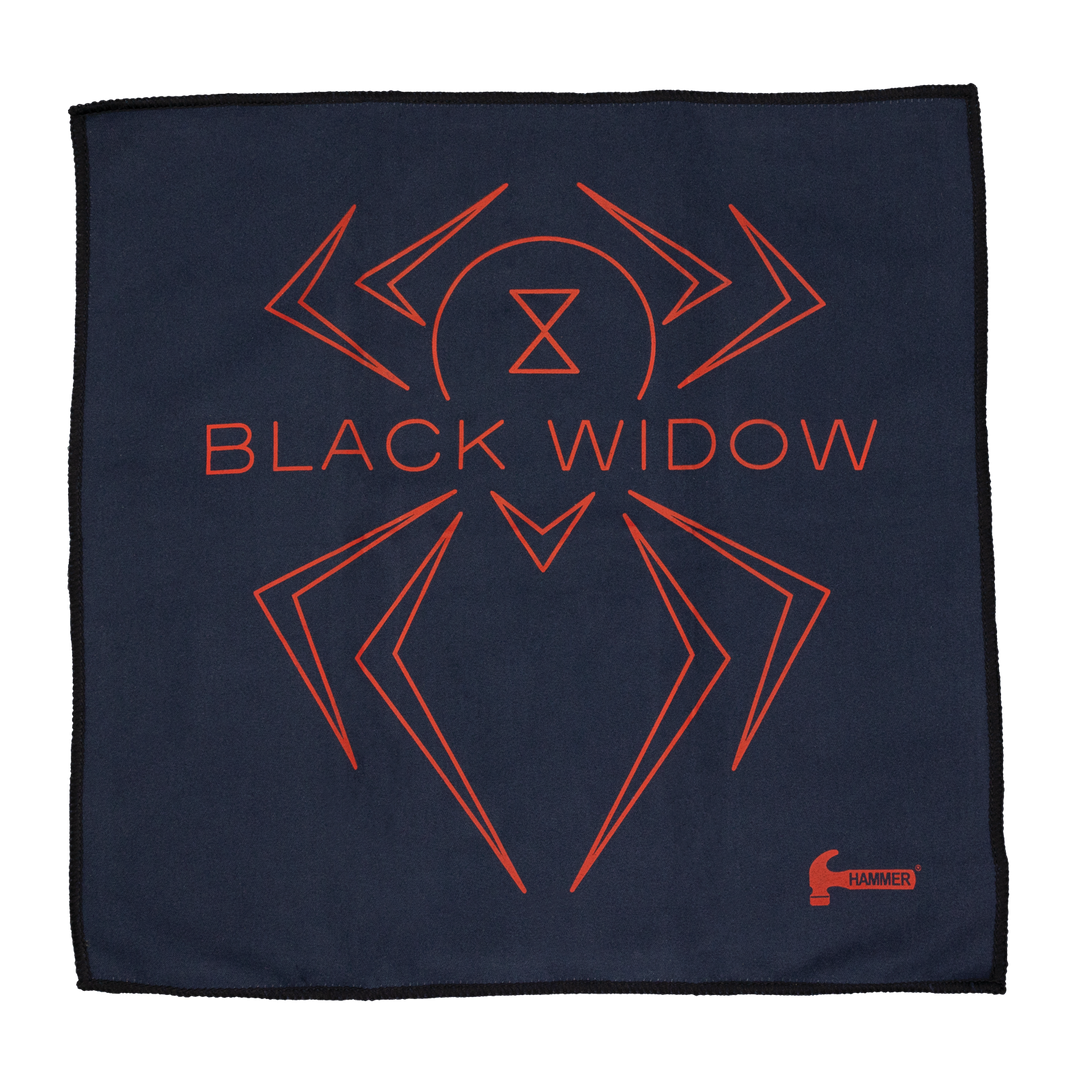 A black microsuede Towel with the Black Widow logo along with a small Hammer logo printed in red.