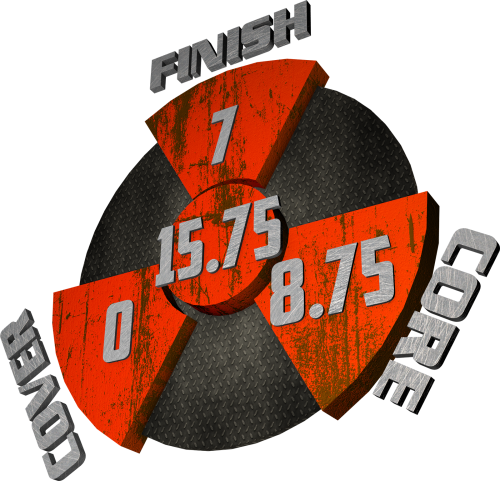 The Widow Spare Orange / Black Pearl performance graphic with a 7 Finish, an 8.75 Core, a 0 Cover, and in the center, a Cumulative total of 15.75.