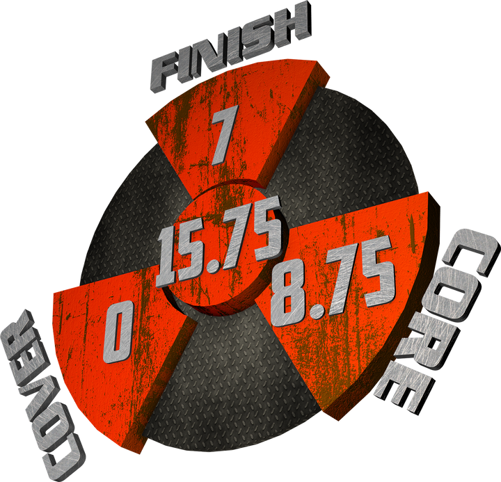 The Widow Spare Blue / Orange / Smoke performance graphic with a 7 Finish, an 8.75 Core, a 0 Cover, and in the center, a Cumulative total of 15.75.