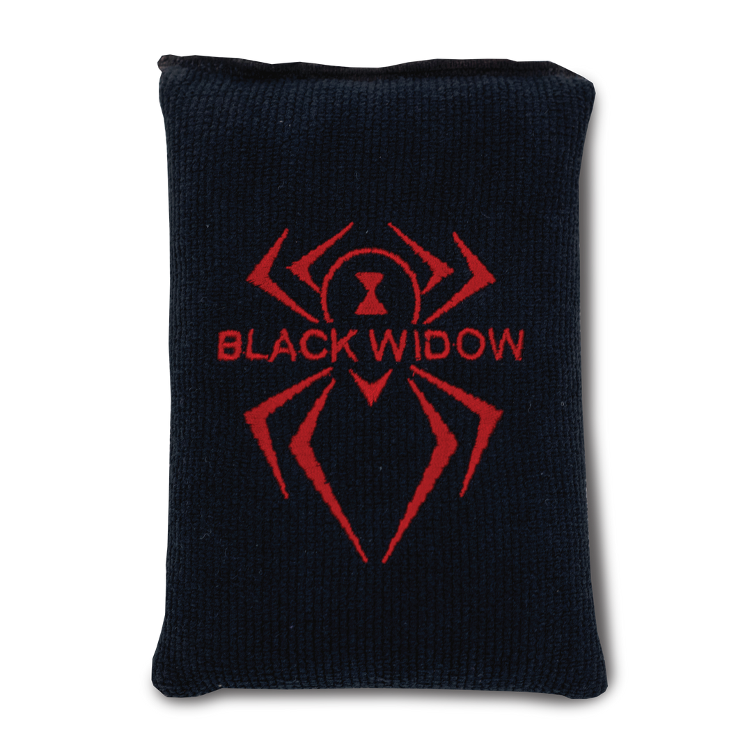 A black microfiber grip sack with a red 'Black Widow' spider logo on the front.