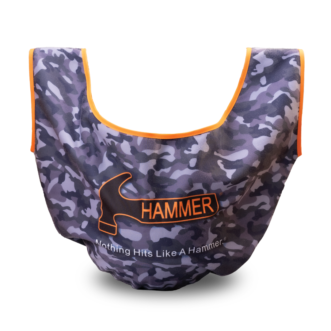 A See-Saw ball carrier in a shades of grey camouflaged pattern with orange piping around the edges and the Hammer logo printed on the front.