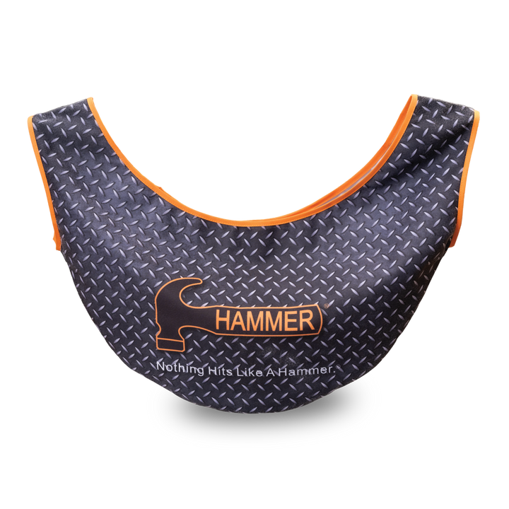 A See-Saw ball carrier in a black and grey diamond plate pattern with orange piping around the edges and the Hammer logo printed on the front.