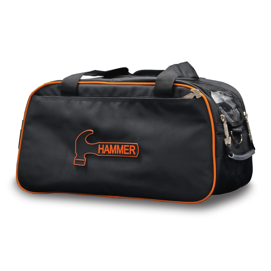 Premium double tote black / orange three quarter side view facing left.