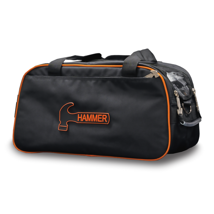 Premium double tote black / orange three quarter side view facing left.