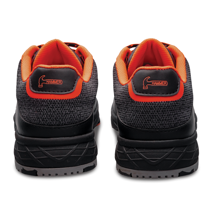 The black and orange pair of Razor shoes in a straight-on view looking directly at the backs of both shoes positioned next to each other.
