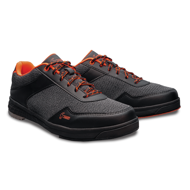 The black and orange pair of Razor shoes in a three-quarter view with the toes pointing to the right.