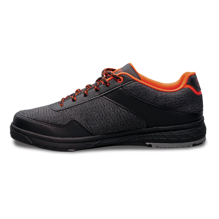 The black and orange Razor right shoe in a straight-on view of the inner side with the toe pointing to the left.