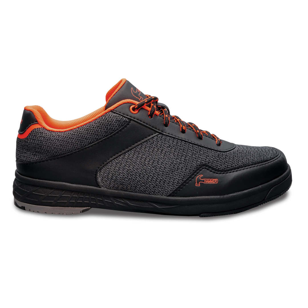 The black and orange Razor right shoe in a straight-on view of the outer side with the toe pointing to the right.