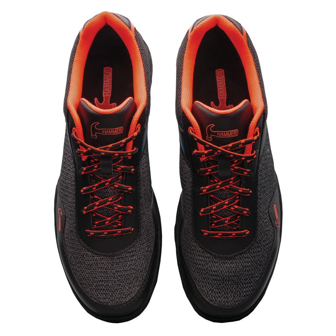 The black and orange pair of Razor shoes in a straight-on view looking directly down on the tops of both shoes next to each other.