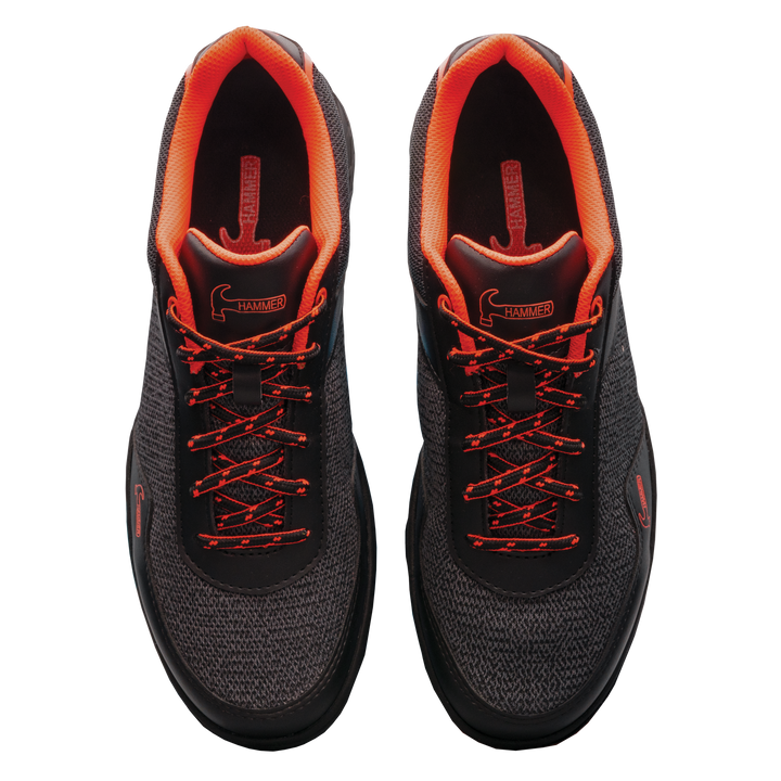 The black and orange pair of Razor shoes in a straight-on view looking directly down on the tops of both shoes next to each other.