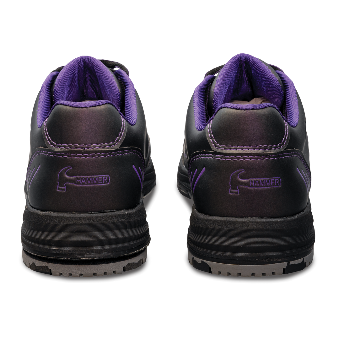 The purple and black Vicious shoes straight-on view of the backs with the Hammer logo in purple.