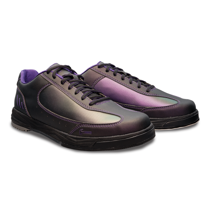 The purple and black Vicious pair of shoes three-quarter view with the toes facing right.