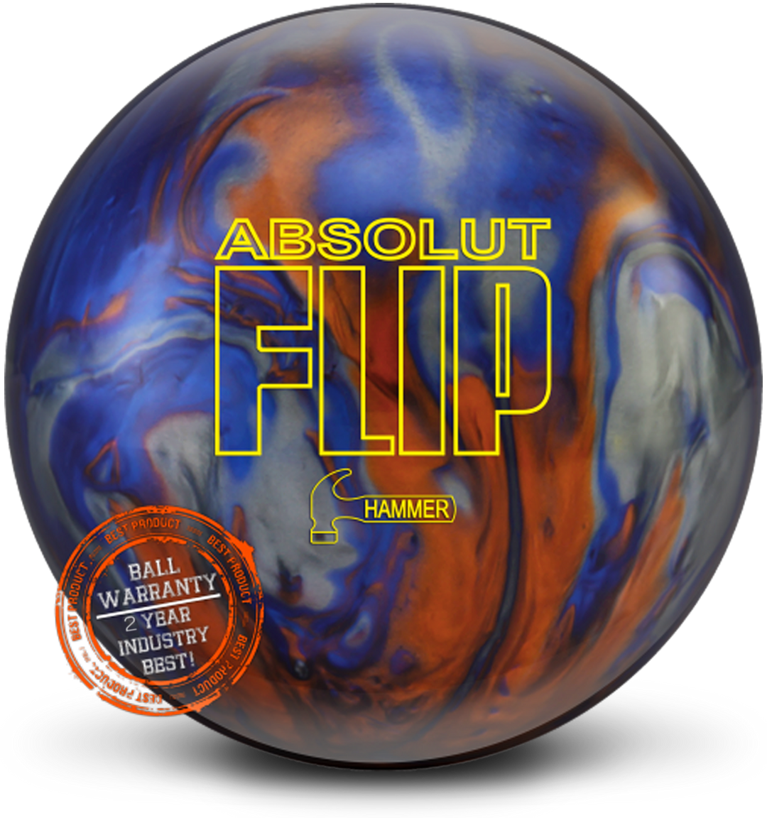 A blue, copper, and silver colored bowling ball with the Absolut Flip logo in yellow centered prominently.