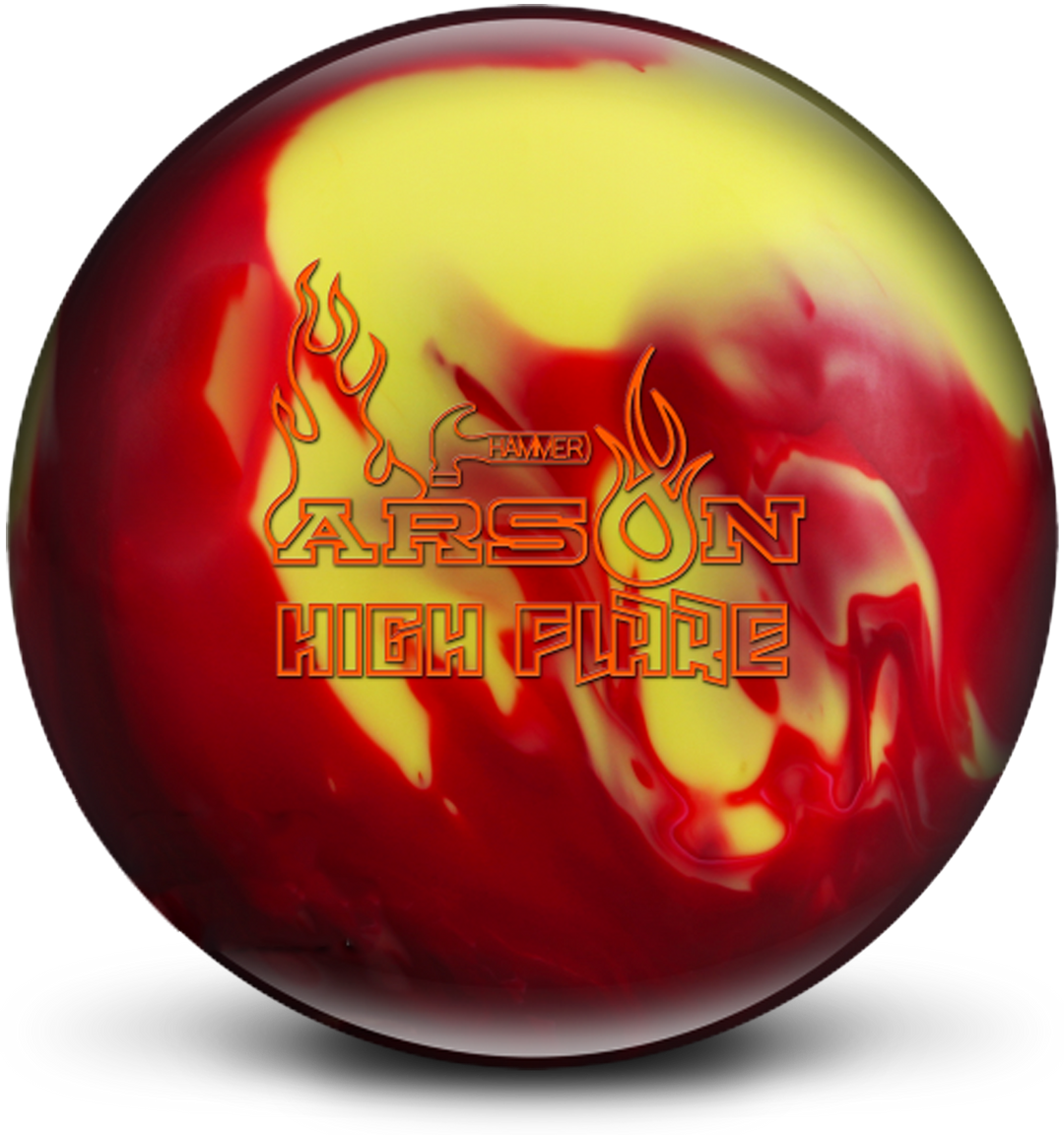 A red pearl and yellow pearl colored bowling ball with the Arson High Flare logo in orange prominently placed in the center.