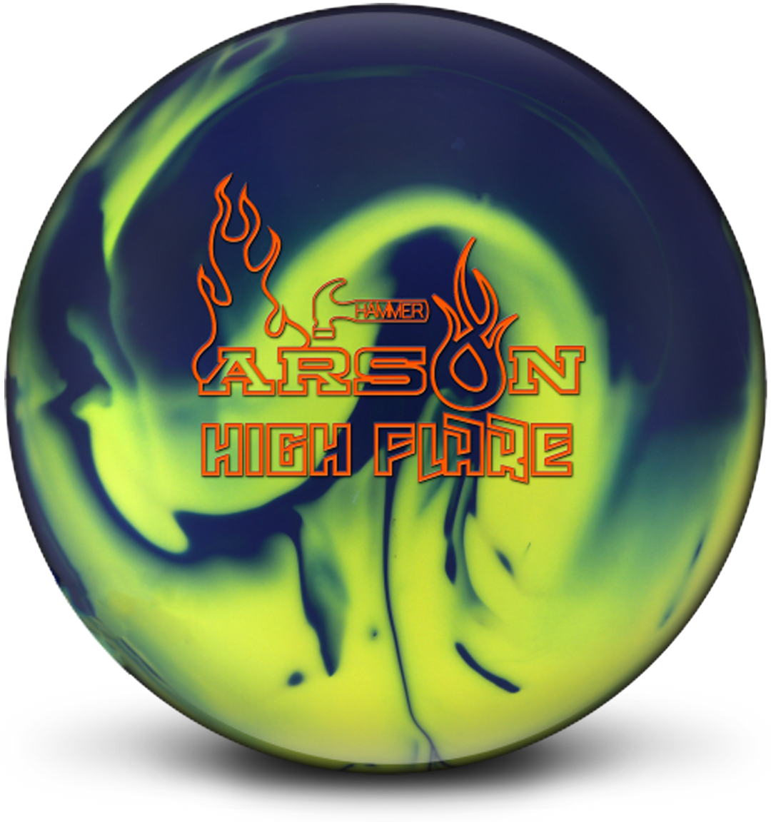 A blue and yellow flame colored bowling ball with the Arson High Flare logo in orange prominently centered.