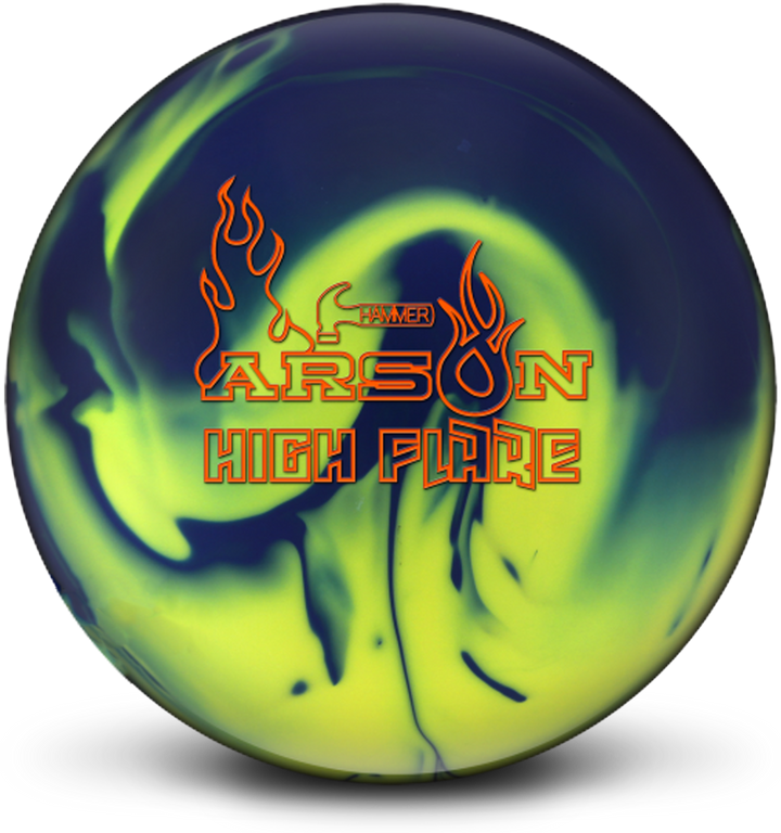 A blue and yellow flame colored bowling ball with the Arson High Flare logo in orange prominently centered.