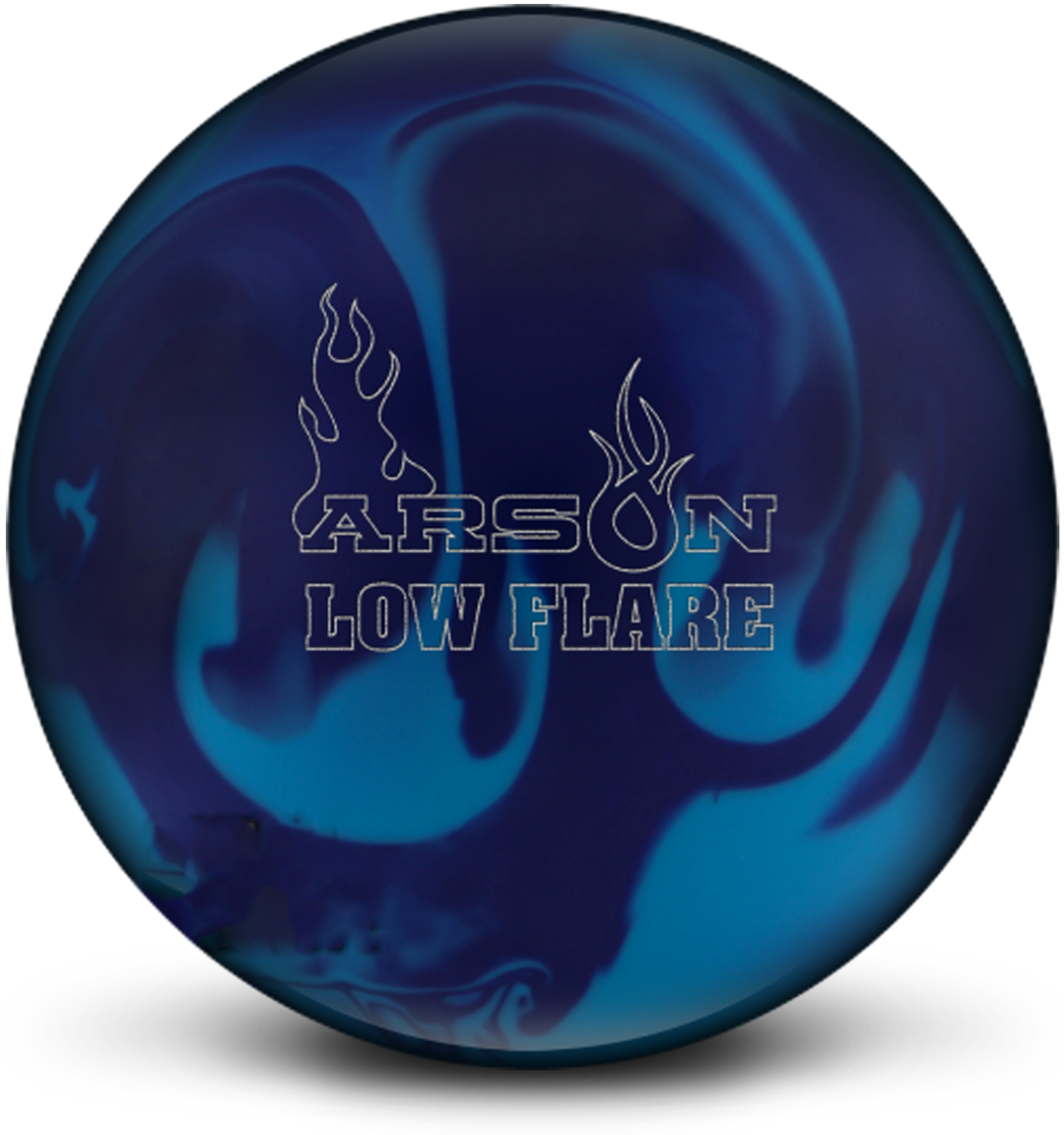 A royal blue and teal colored bowling ball with the Arson Low Flare logo in white centered prominently.