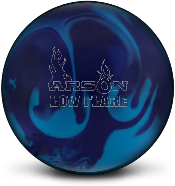 A royal blue and teal colored bowling ball with the Arson Low Flare logo in white centered prominently.