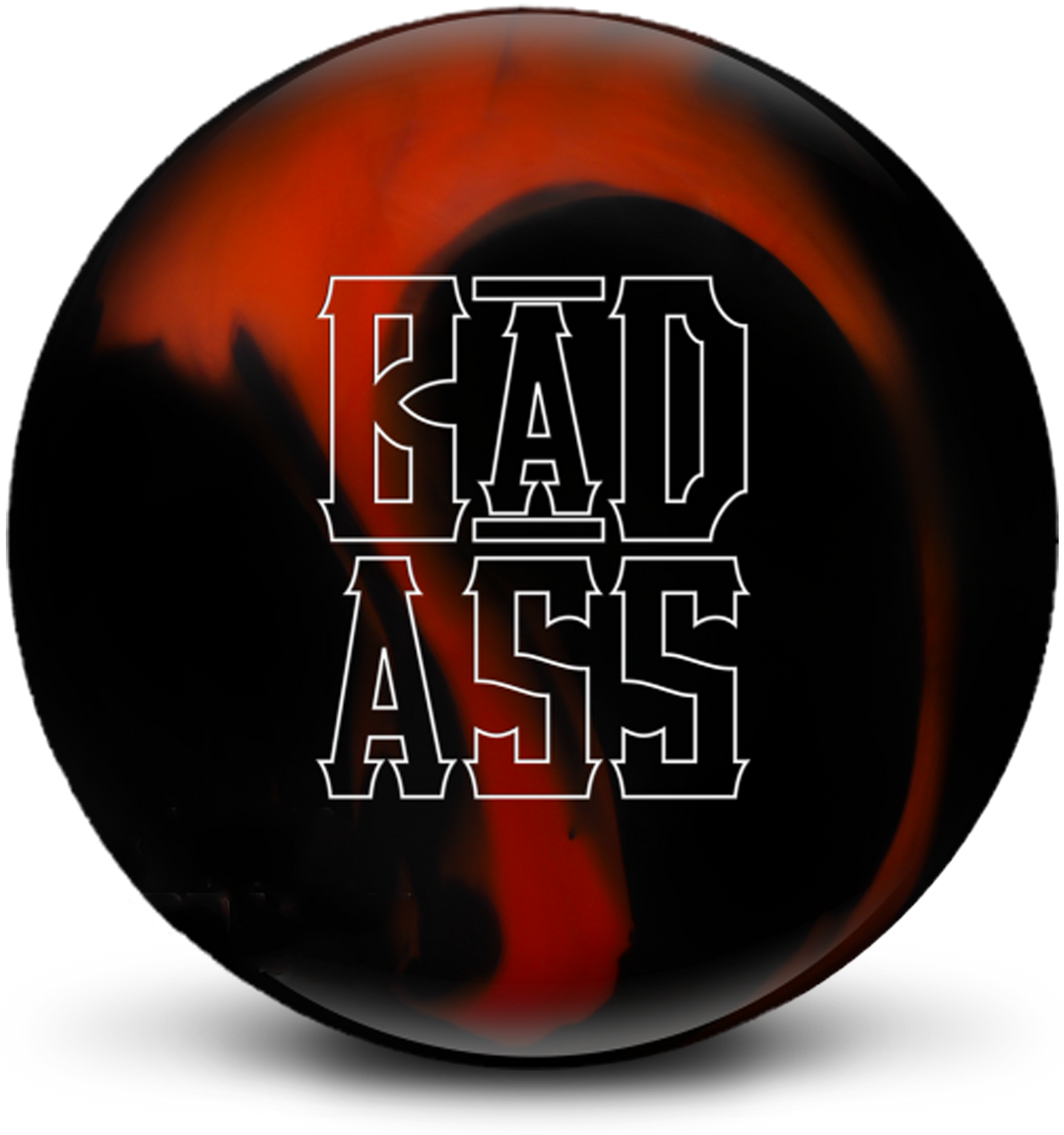 A black and orange bowling ball with the Bad Ass logo in white prominent in the center.
