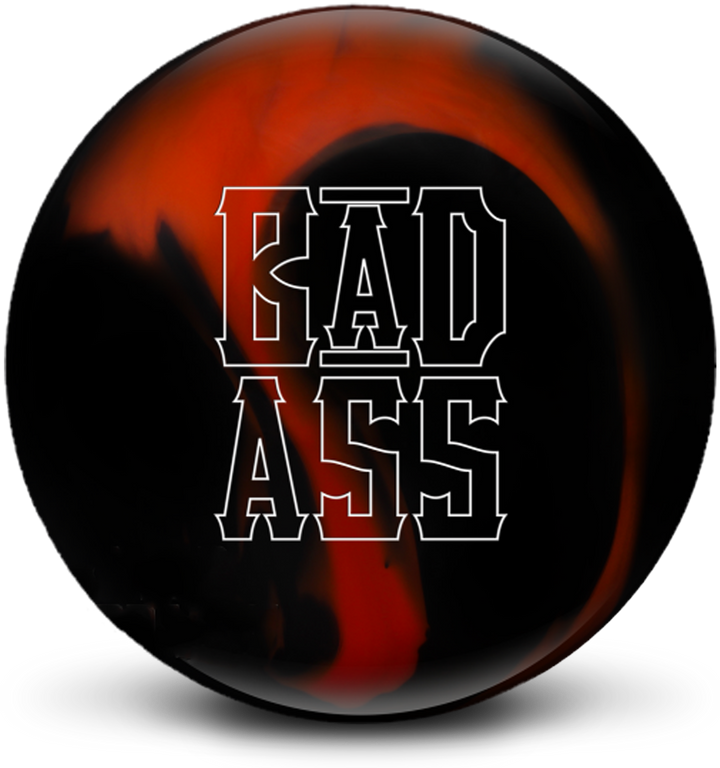 A black and orange bowling ball with the Bad Ass logo in white prominent in the center.
