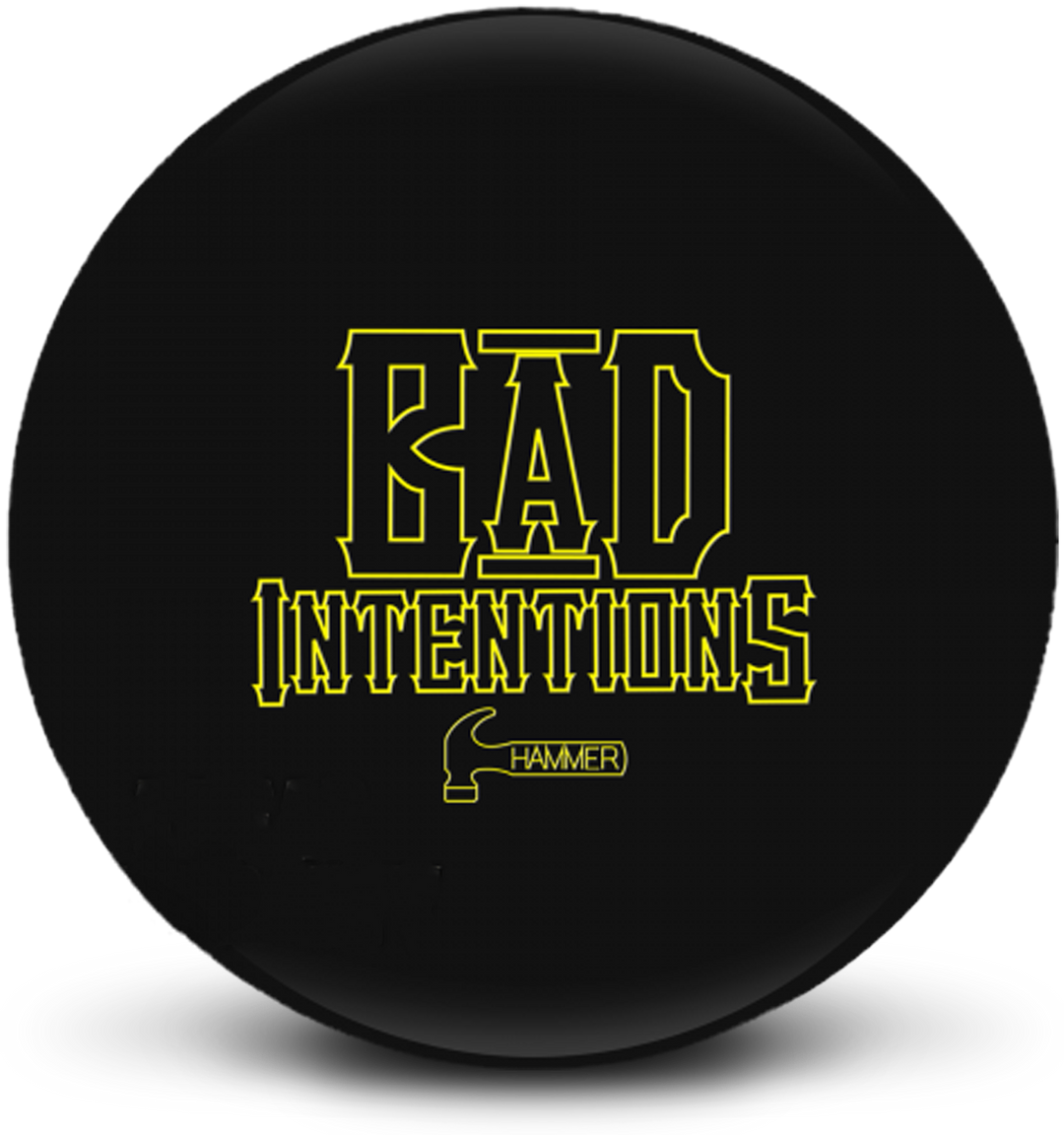A black bowling ball with the Bad Intentions logo prominent in the center in bright yellow.