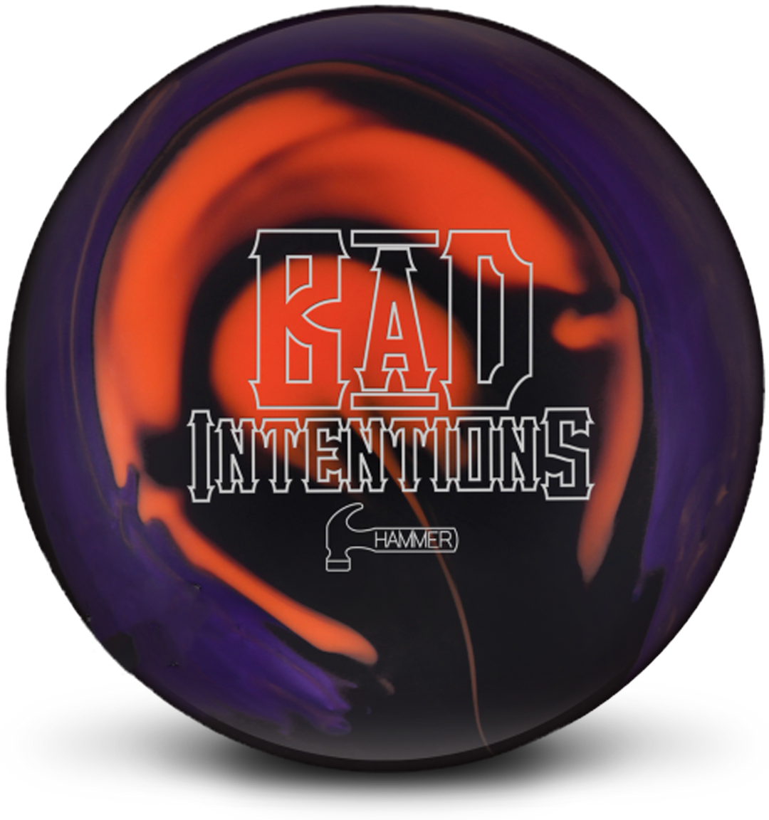 A black, orange, and purple colored bowling ball with the Bad Intentions logo in white centered prominently.