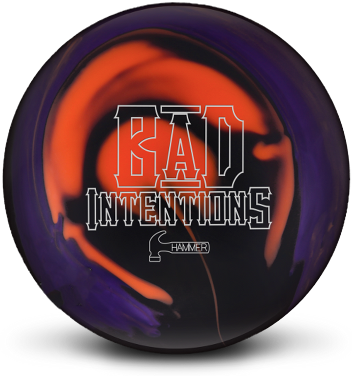 A black, orange, and purple colored bowling ball with the Bad Intentions logo in white centered prominently.