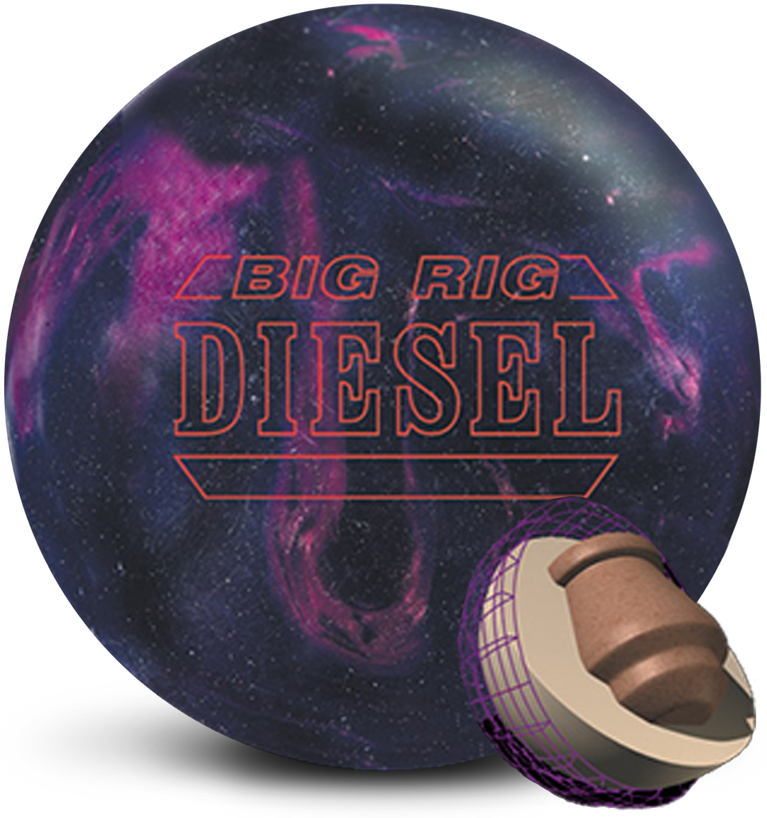 A black bowling ball with purple swirls and the Big Rig Diesel logo in red centered prominently. Also with a small image of the core in the lower right-hand corner.
