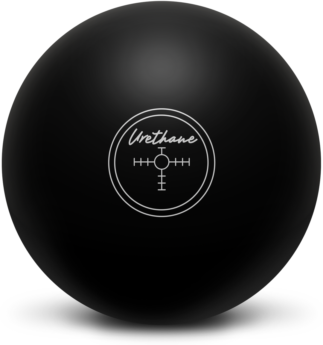 A black bowling ball with the Urethane crosshairs Center of Gravity marker in white centered prominently.