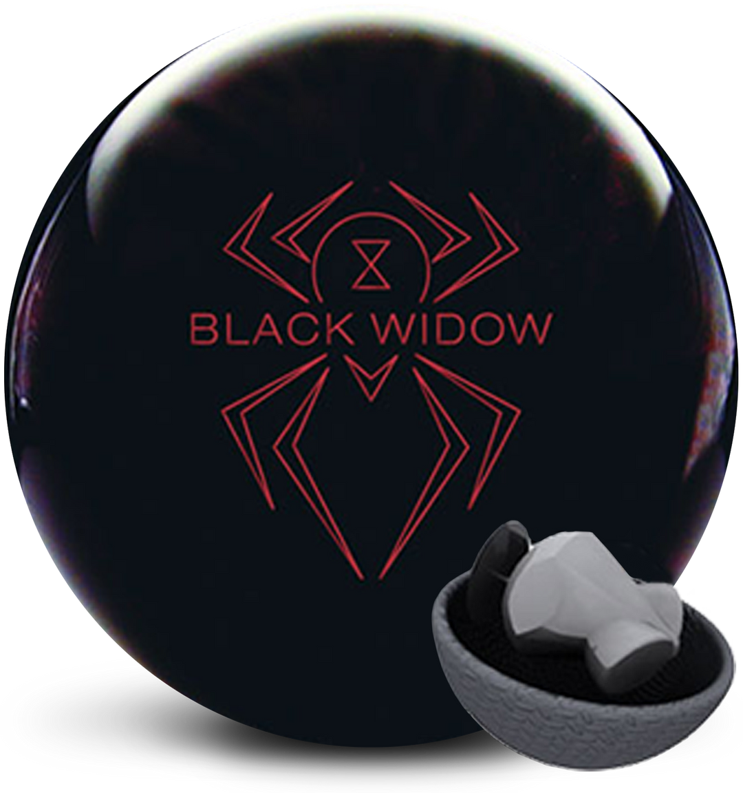A black bowling ball with the Black Widow logo in red centered prominently. Also with a small image of the core in the lower right-hand corner.