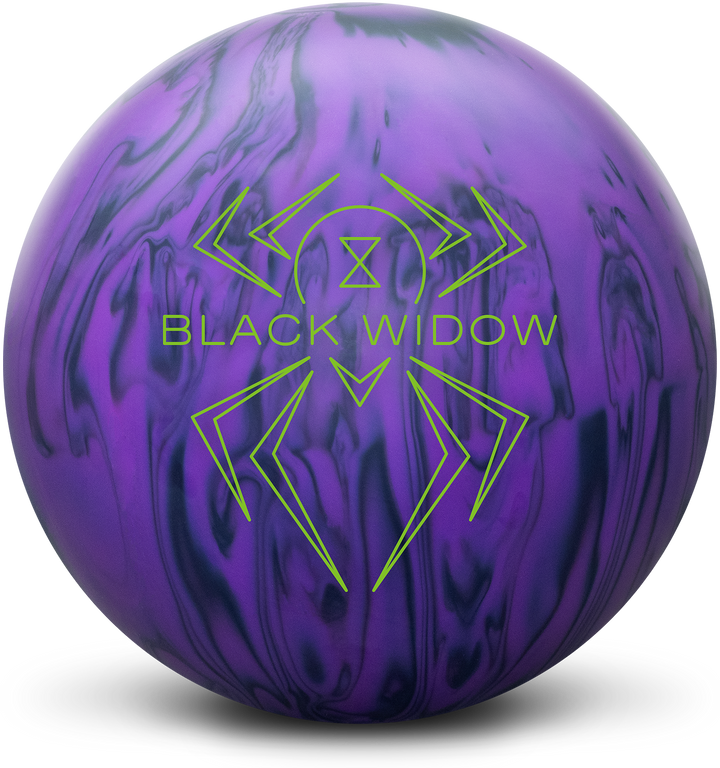 An ultraviolet purple and black colored bowling ball with the Black Widow logo in neon green centered prominently.