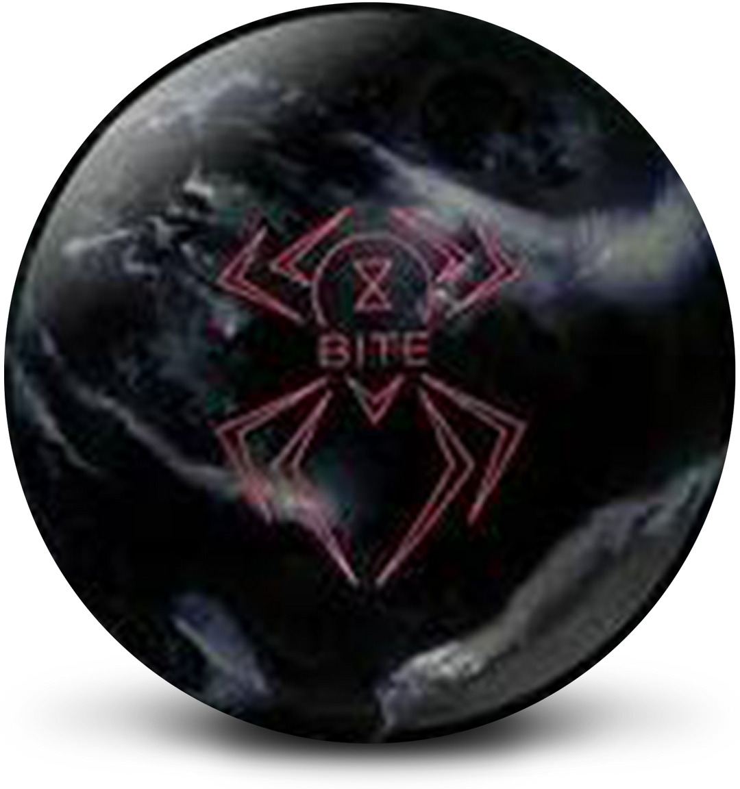 A black and silver colored bowling ball with the Black Widow Bite logo in red centered prominently.