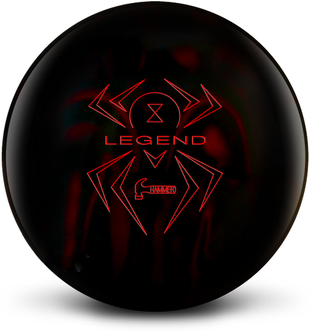 Black bowling ball with red hints of color and the Black Widow Legend logo prominent in red on the front.