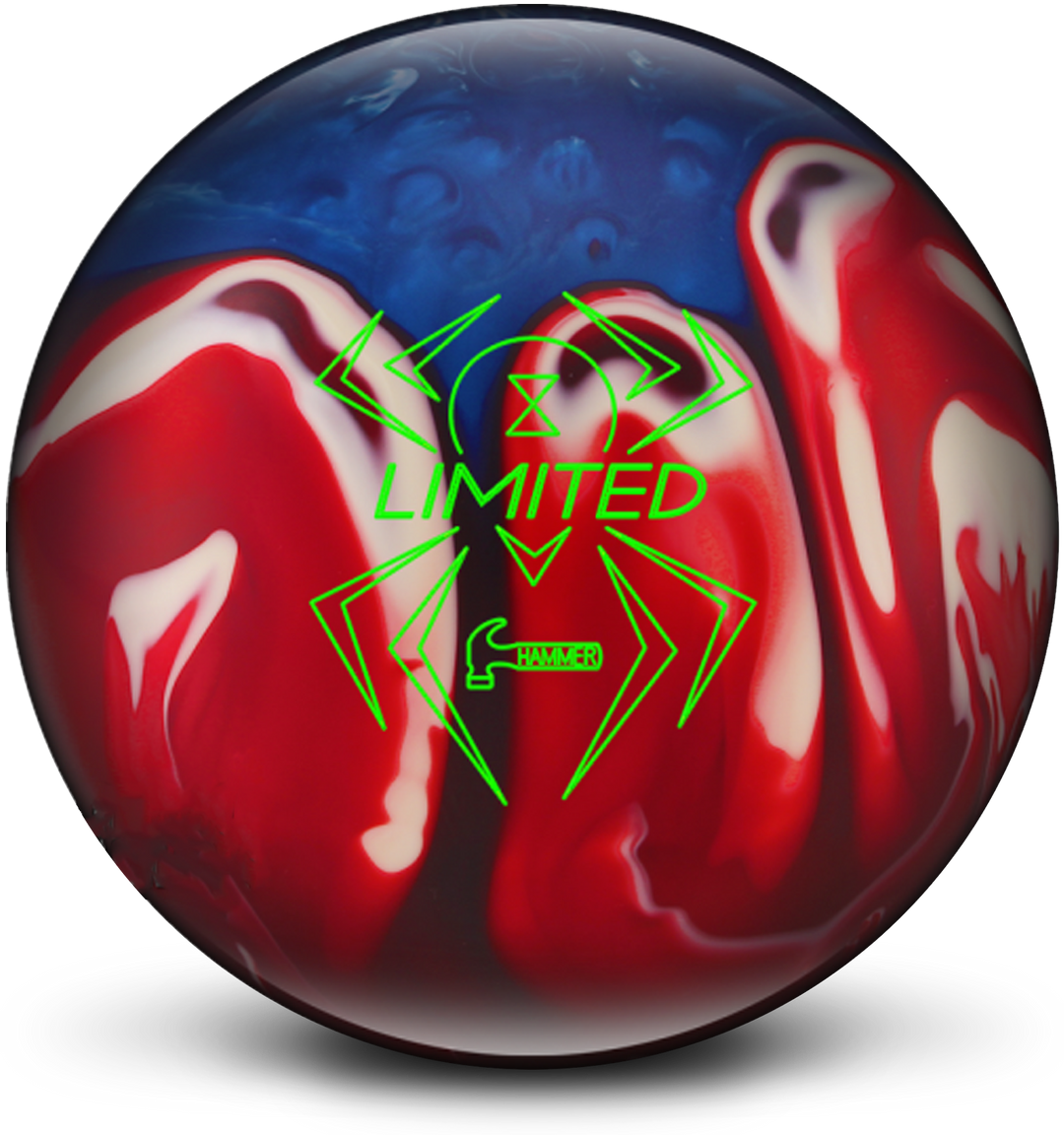 A red, blue, and white bowling ball with the Black Widow Limited logo prominent on the front in neon green.