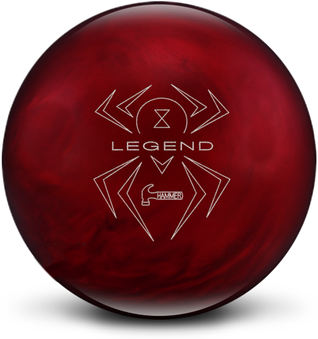 A red bowling ball with black streaks swirled in the color and the Black Widow Legend logo prominent in the center in white.