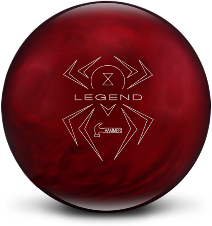 A red bowling ball with black streaks swirled in the color and the Black Widow Legend logo prominent in the center in white.