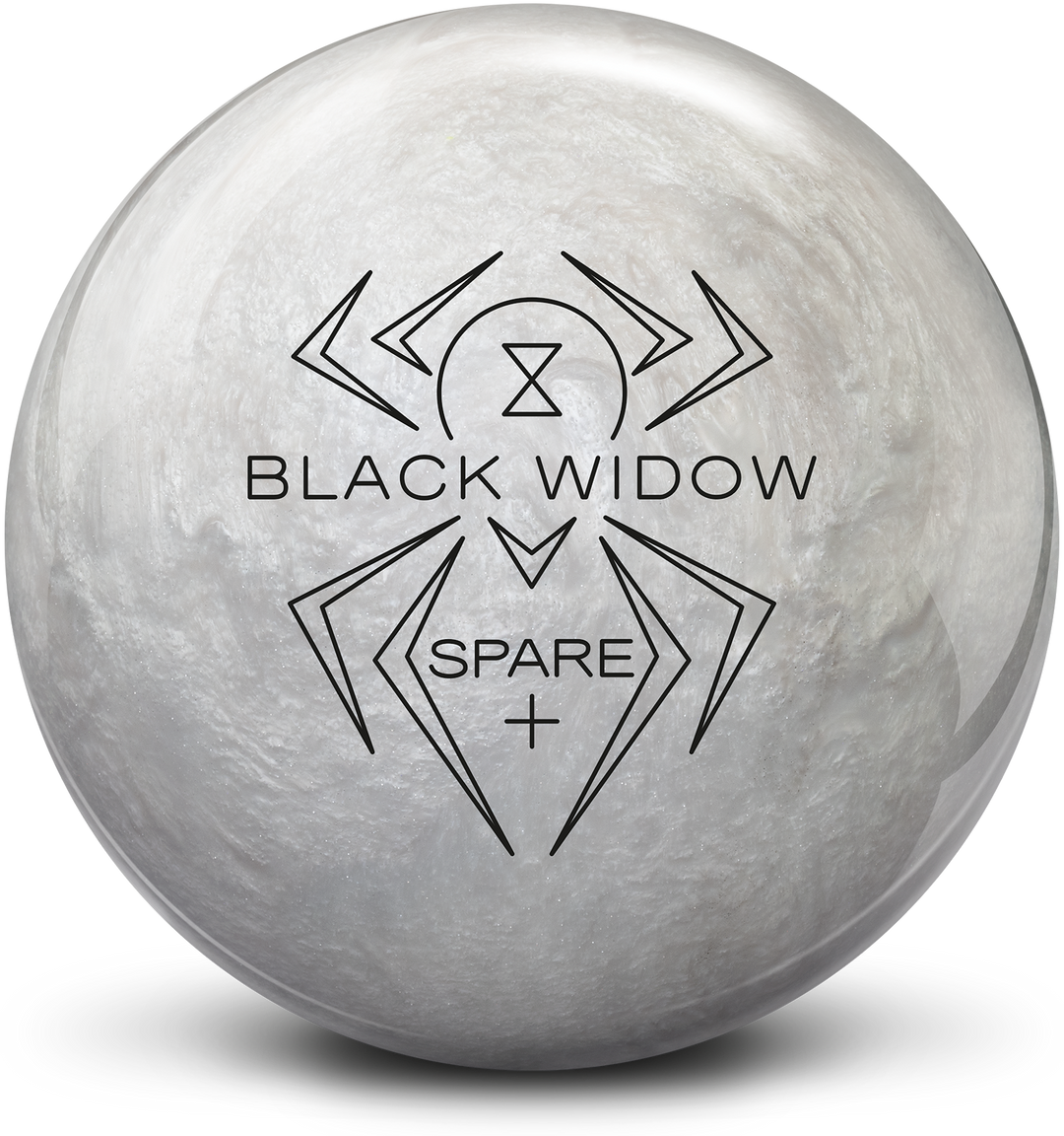 A white, diamond colored bowling ball with the Black Widow Spare+ logo in black centered prominently.