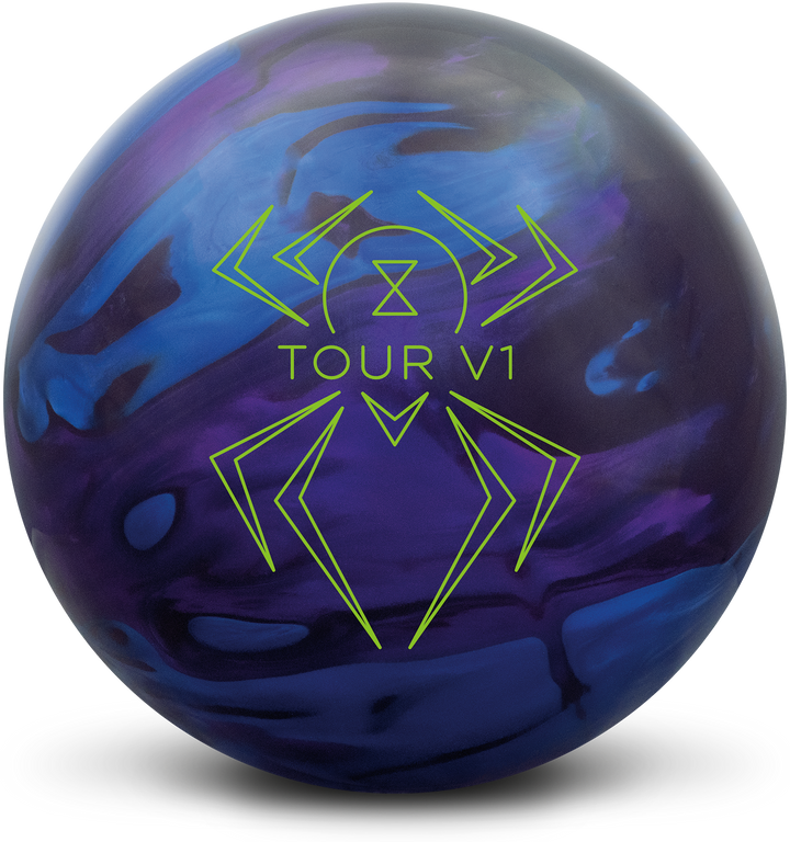 A black, blue, and purple colored bowling ball with the Black Widow Tour V1 logo in neon green centered prominently.