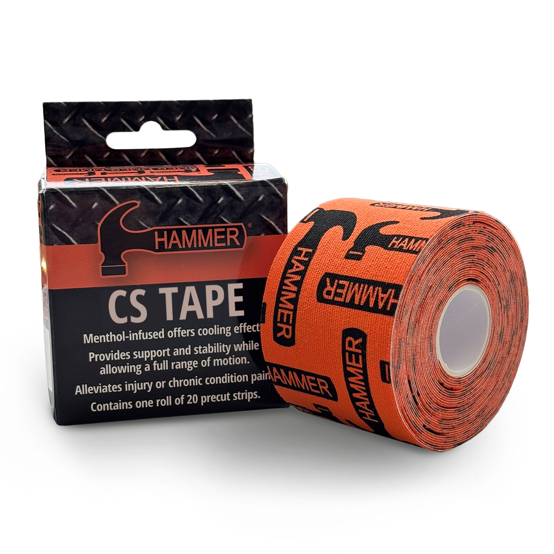 Hammer CS Tape box and tape roll sitting next to each other. The tape being orange with black Hammer logos randomly printed on the surface.