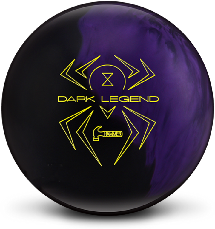 A black and purple pearl colored bowling ball with the Black Widow Dark Legend logo in bright yellow prominently centered.